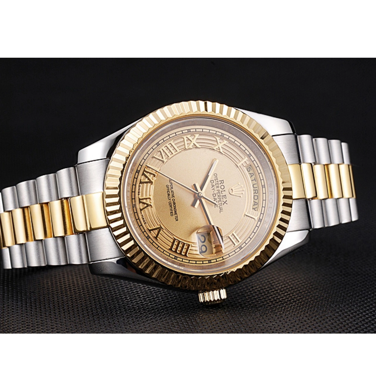 Aaa fake watches Gold Tone Rolex Plated Steel Stainless Day-Date Dial 18k Two Gold 0806